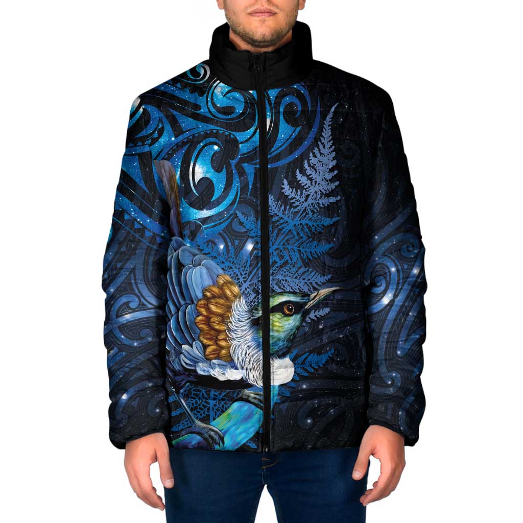Aotearoa Matariki Padded Jacket Maori Tribal with Silver Fern and Tui Bird Galaxy Style - Polynesian Pride