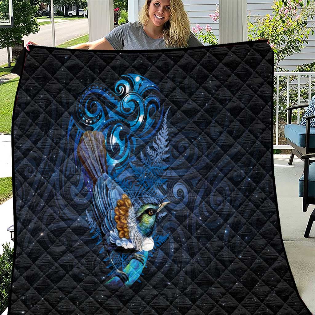 Aotearoa Matariki Quilt Maori Tribal with Silver Fern and Tui Bird Galaxy Style - Polynesian Pride
