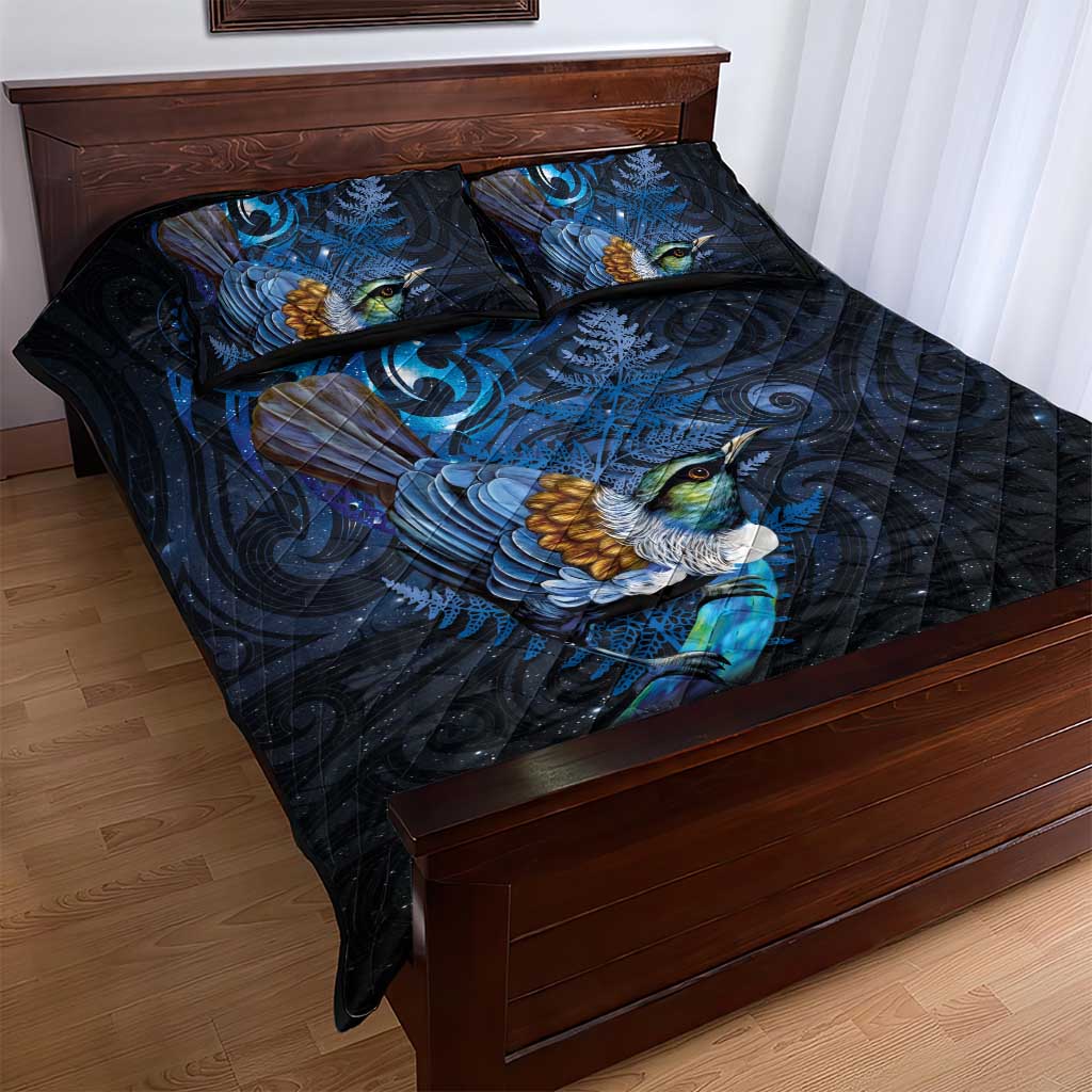 Aotearoa Matariki Quilt Bed Set Maori Tribal with Silver Fern and Tui Bird Galaxy Style - Polynesian Pride