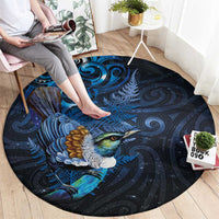 Aotearoa Matariki Round Carpet Maori Tribal with Silver Fern and Tui Bird Galaxy Style - Polynesian Pride