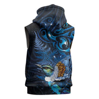 Aotearoa Matariki Sleeveless Hoodie Maori Tribal with Silver Fern and Tui Bird Galaxy Style - Polynesian Pride