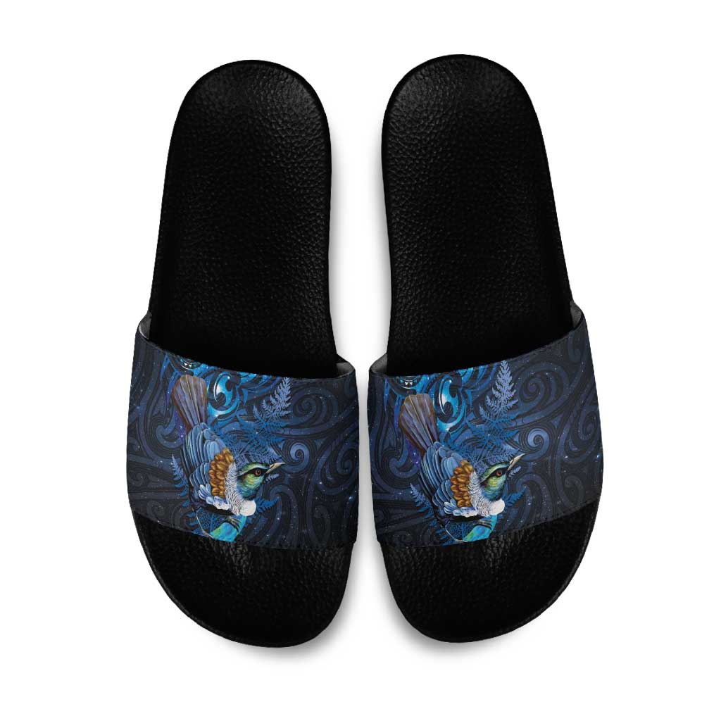 Aotearoa Matariki Slide Sandals Maori Tribal with Silver Fern and Tui Bird Galaxy Style - Polynesian Pride