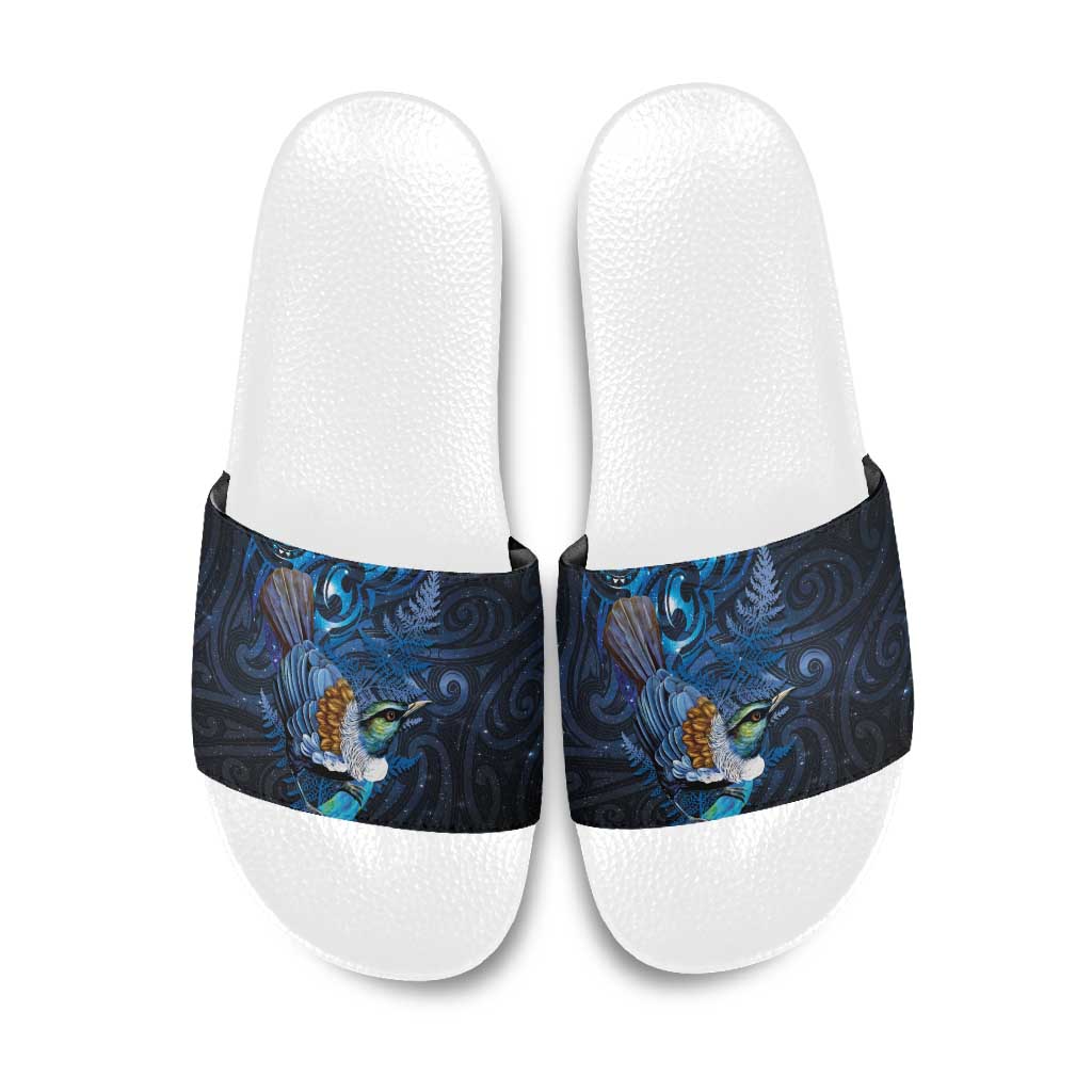 Aotearoa Matariki Slide Sandals Maori Tribal with Silver Fern and Tui Bird Galaxy Style - Polynesian Pride