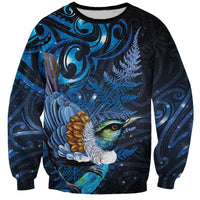 Aotearoa Matariki Sweatshirt Maori Tribal with Silver Fern and Tui Bird Galaxy Style - Polynesian Pride