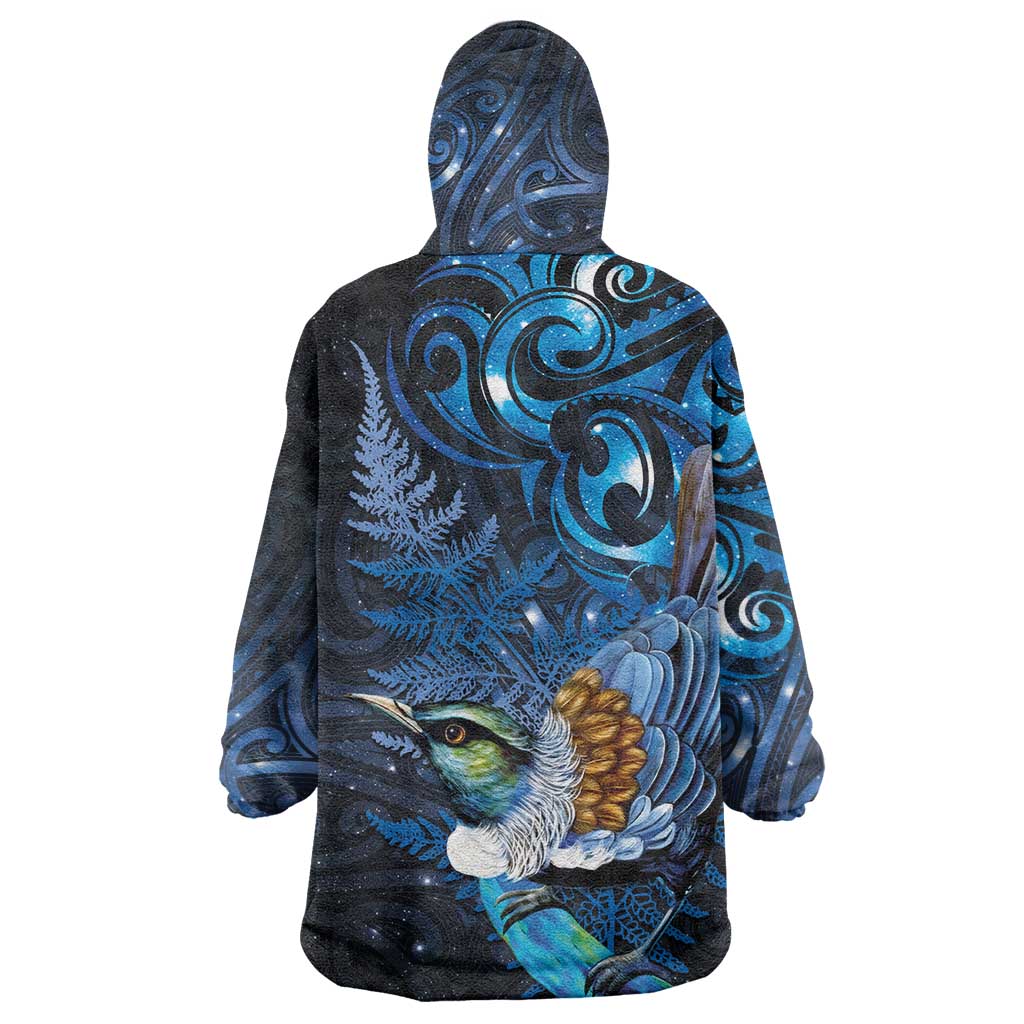 Aotearoa Matariki Wearable Blanket Hoodie Maori Tribal with Silver Fern and Tui Bird Galaxy Style - Polynesian Pride