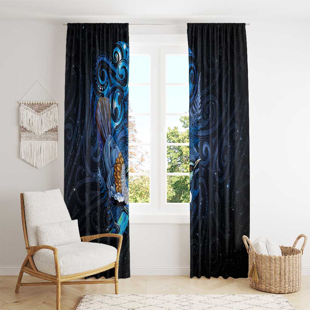 Aotearoa Matariki Window Curtain Maori Tribal with Silver Fern and Tui Bird Galaxy Style - Polynesian Pride