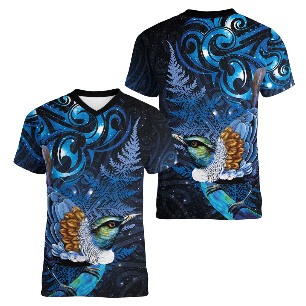Aotearoa Matariki Women V-Neck T-Shirt Maori Tribal with Silver Fern and Tui Bird Galaxy Style - Polynesian Pride