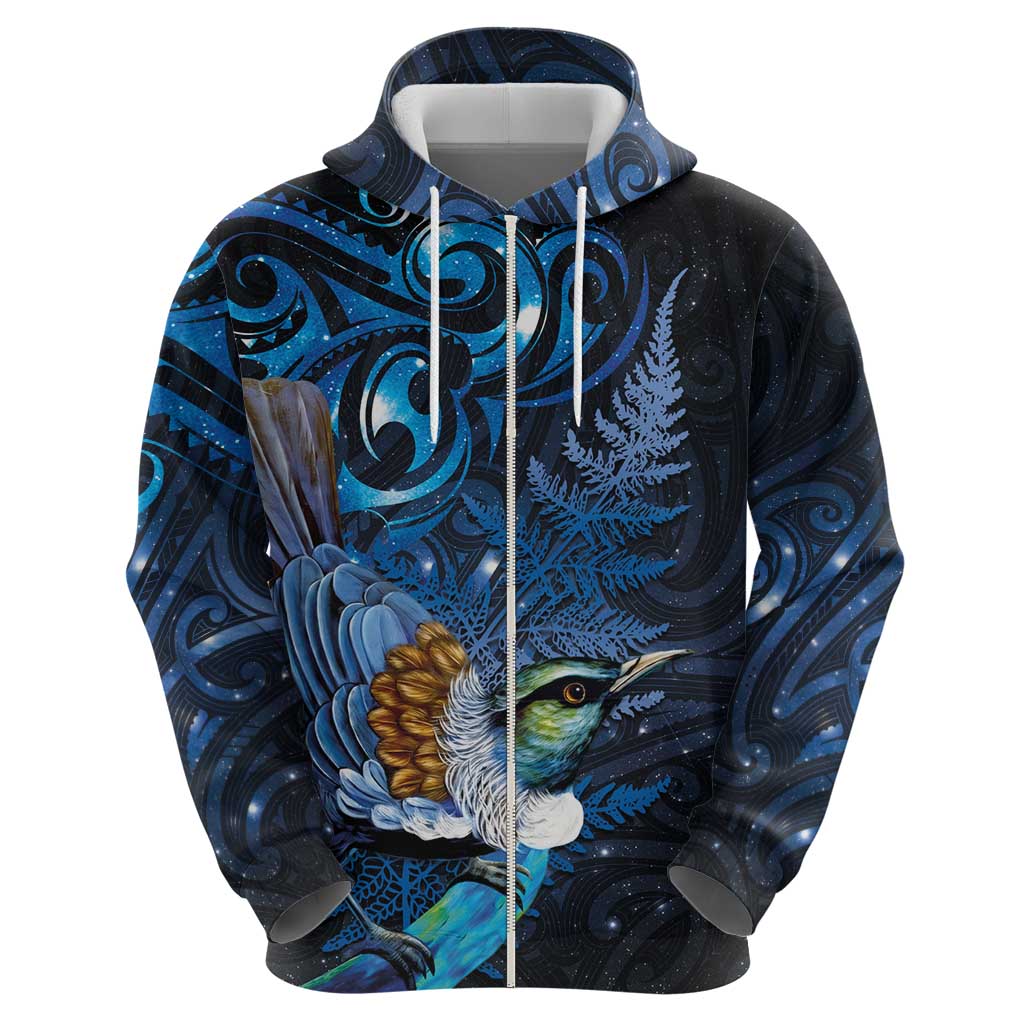 Aotearoa Matariki Zip Hoodie Maori Tribal with Silver Fern and Tui Bird Galaxy Style - Polynesian Pride