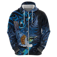 Aotearoa Matariki Zip Hoodie Maori Tribal with Silver Fern and Tui Bird Galaxy Style - Polynesian Pride