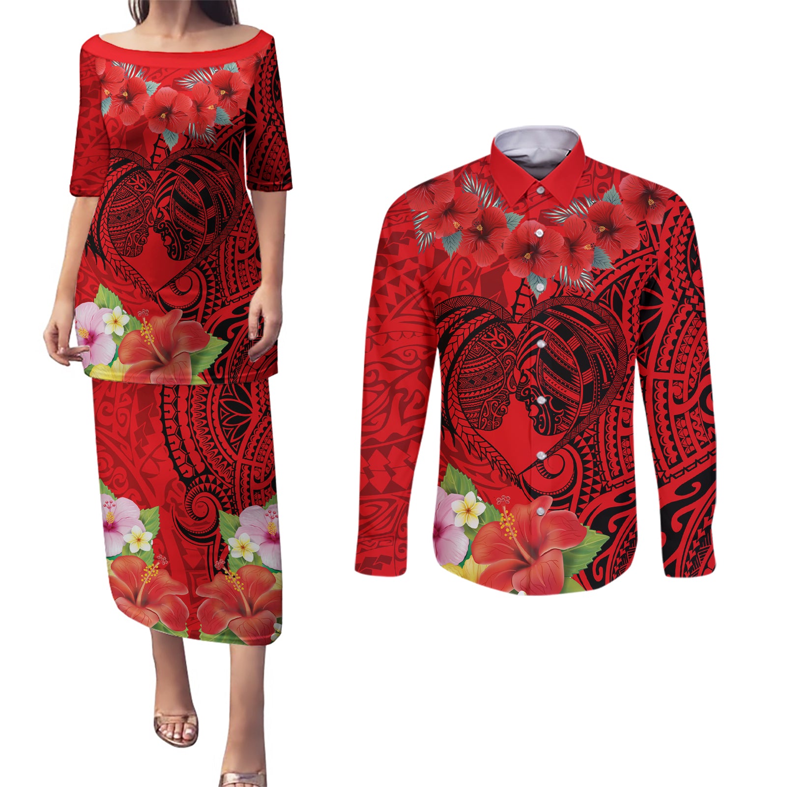 Personalised Hawaii Valentine Day Couples Matching Puletasi and Long Sleeve Button Shirt Couple Love Heart mix Hibiscus and Polynesian Tattoo LT03 Red - Polynesian Pride