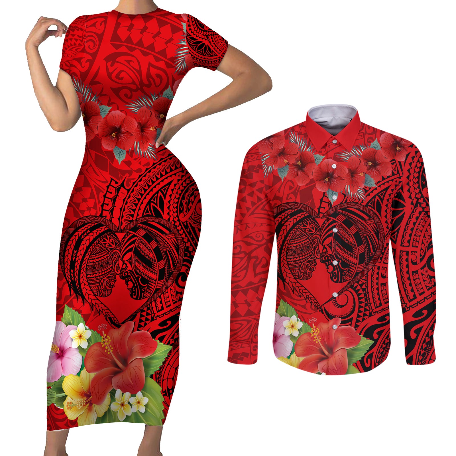 Personalised Hawaii Valentine Day Couples Matching Short Sleeve Bodycon Dress and Long Sleeve Button Shirt Couple Love Heart mix Hibiscus and Polynesian Tattoo LT03 Red - Polynesian Pride