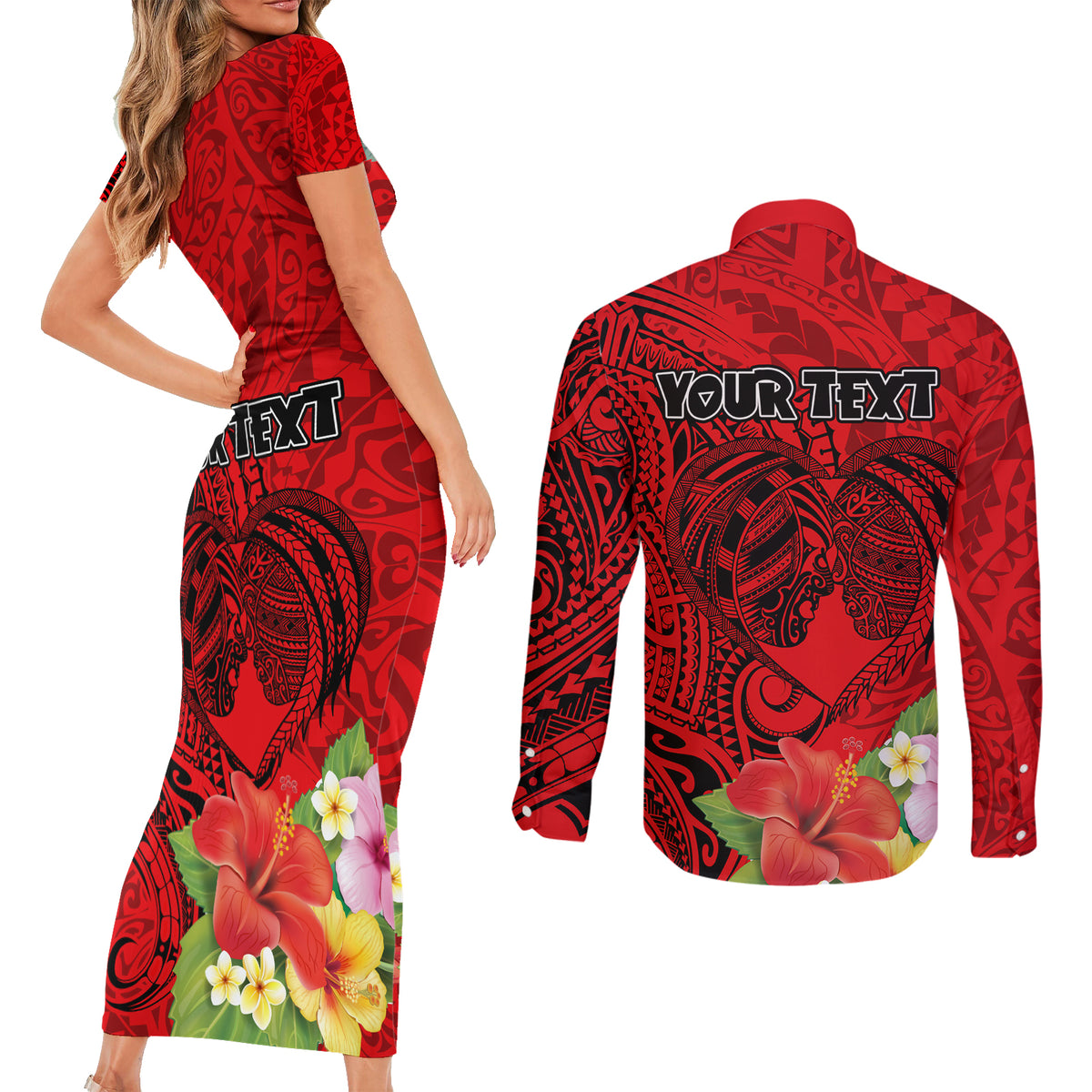 Personalised Hawaii Valentine Day Couples Matching Short Sleeve Bodycon Dress and Long Sleeve Button Shirt Couple Love Heart mix Hibiscus and Polynesian Tattoo LT03 - Polynesian Pride