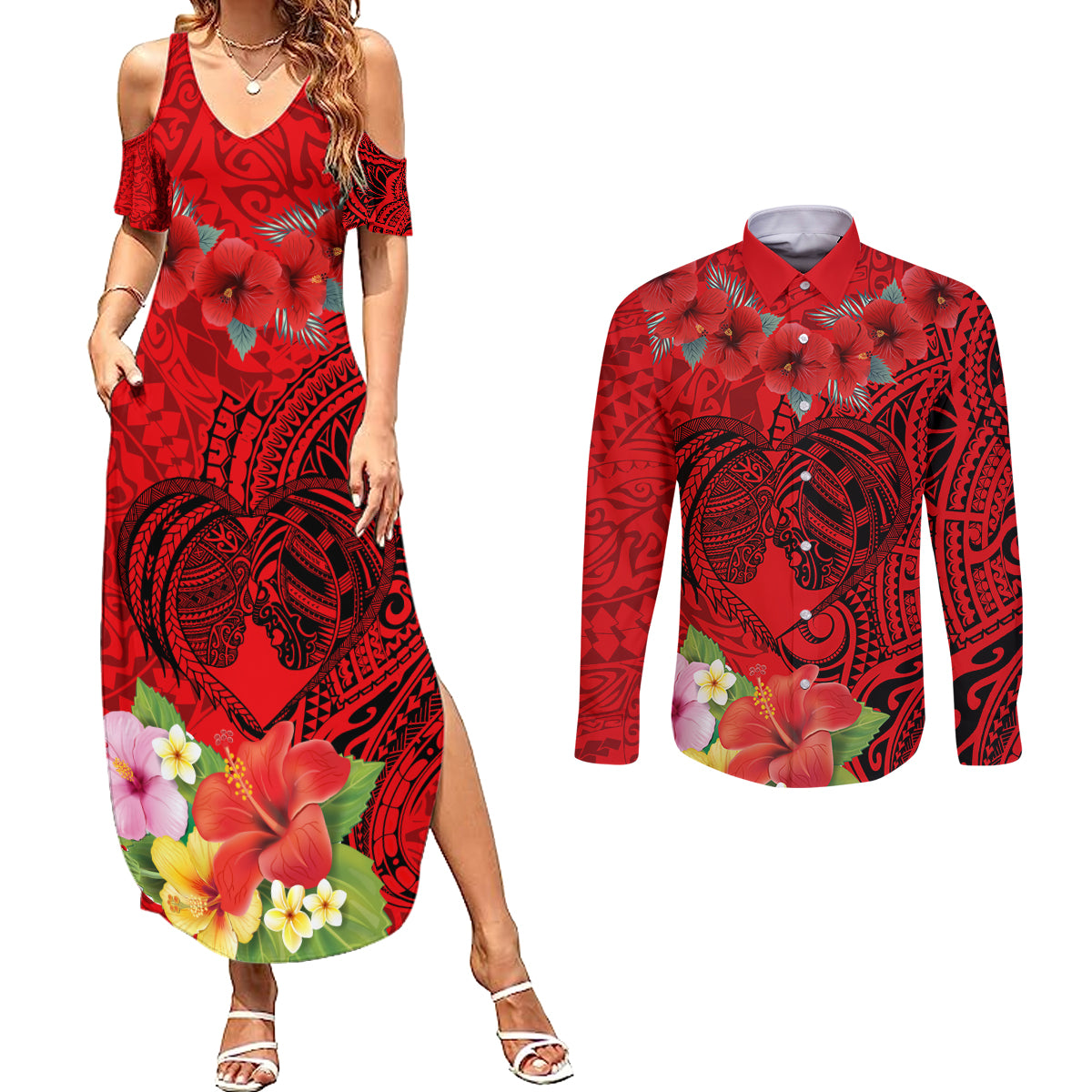 Personalised Hawaii Valentine Day Couples Matching Summer Maxi Dress and Long Sleeve Button Shirt Couple Love Heart mix Hibiscus and Polynesian Tattoo LT03 Red - Polynesian Pride