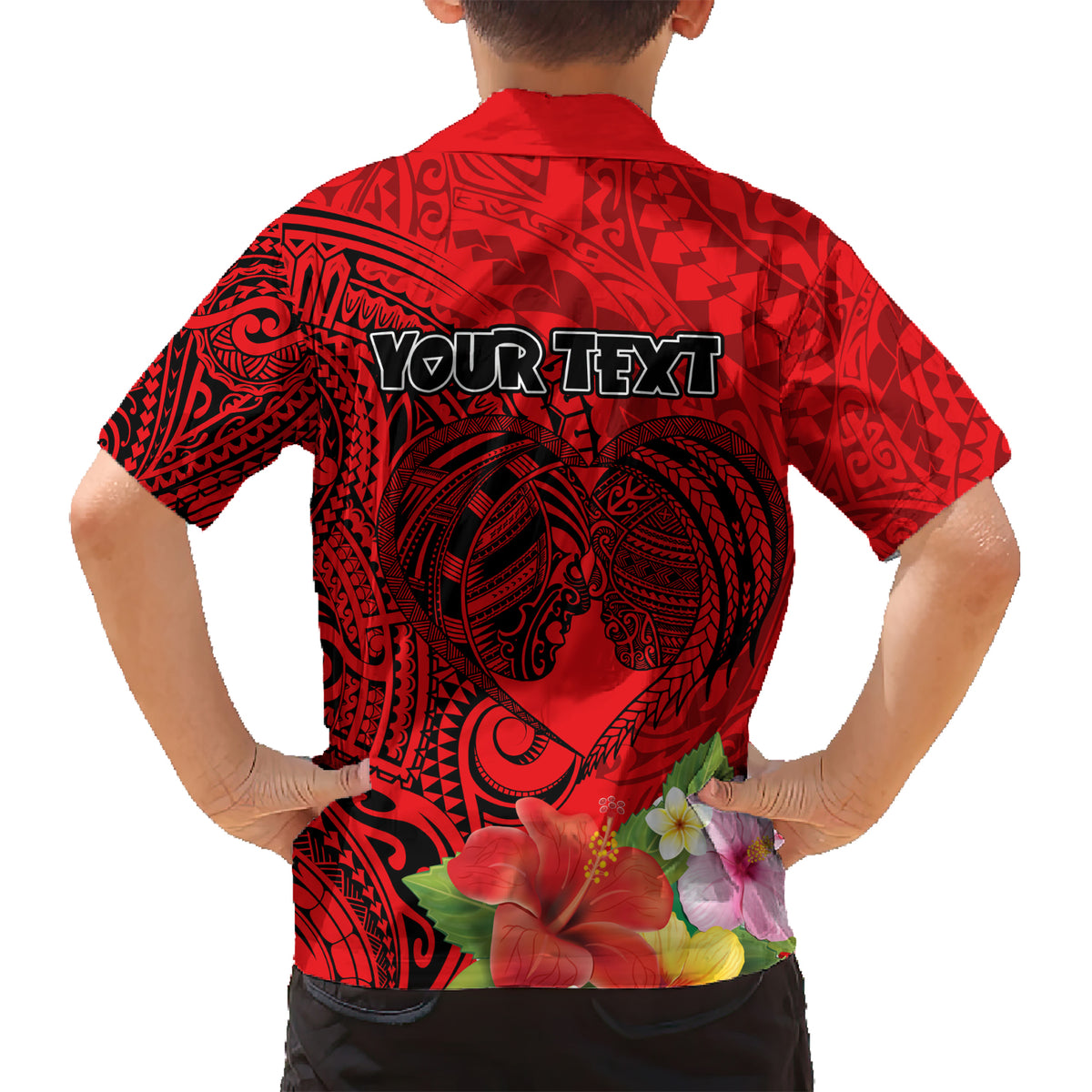 Personalised Hawaii Valentine Day Kid Hawaiian Shirt Couple Love Heart mix Hibiscus and Polynesian Tattoo LT03 - Polynesian Pride