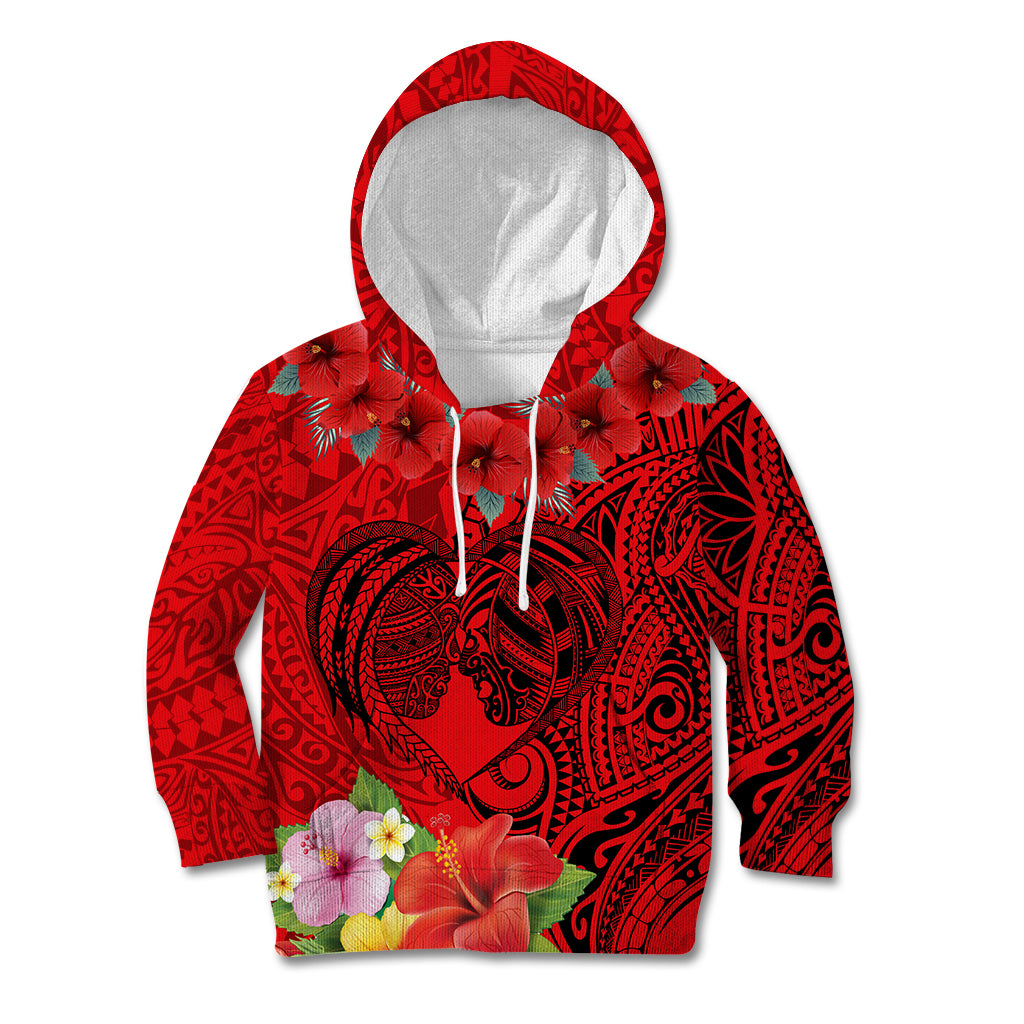 Personalised Hawaii Valentine Day Kid Hoodie Couple Love Heart mix Hibiscus and Polynesian Tattoo LT03 Hoodie Red - Polynesian Pride