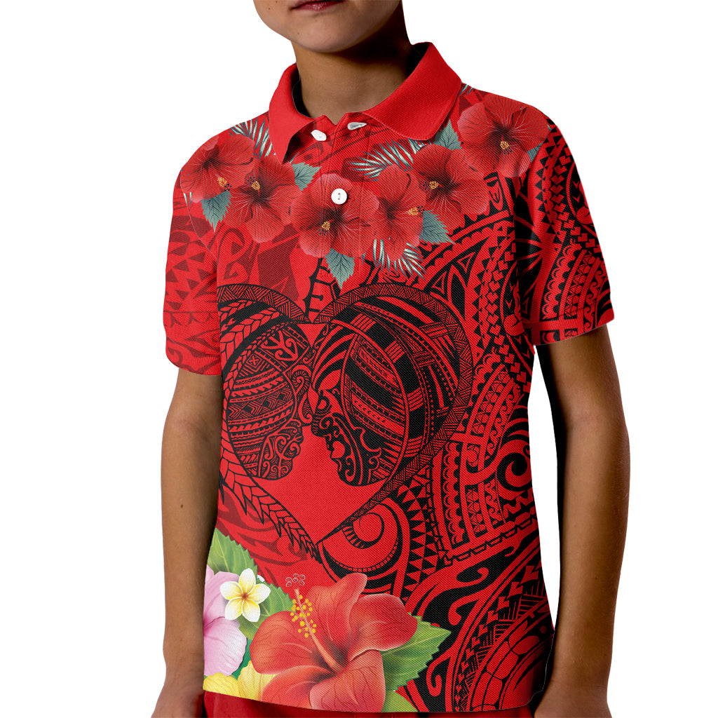 Personalised Hawaii Valentine Day Kid Polo Shirt Couple Love Heart mix Hibiscus and Polynesian Tattoo LT03 Kid Red - Polynesian Pride