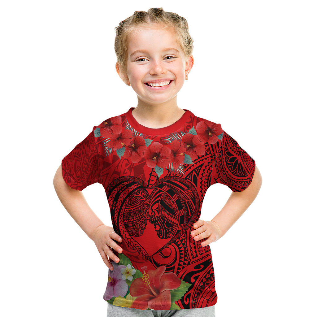 Personalised Hawaii Valentine Day Kid T Shirt Couple Love Heart mix Hibiscus and Polynesian Tattoo LT03 Red - Polynesian Pride
