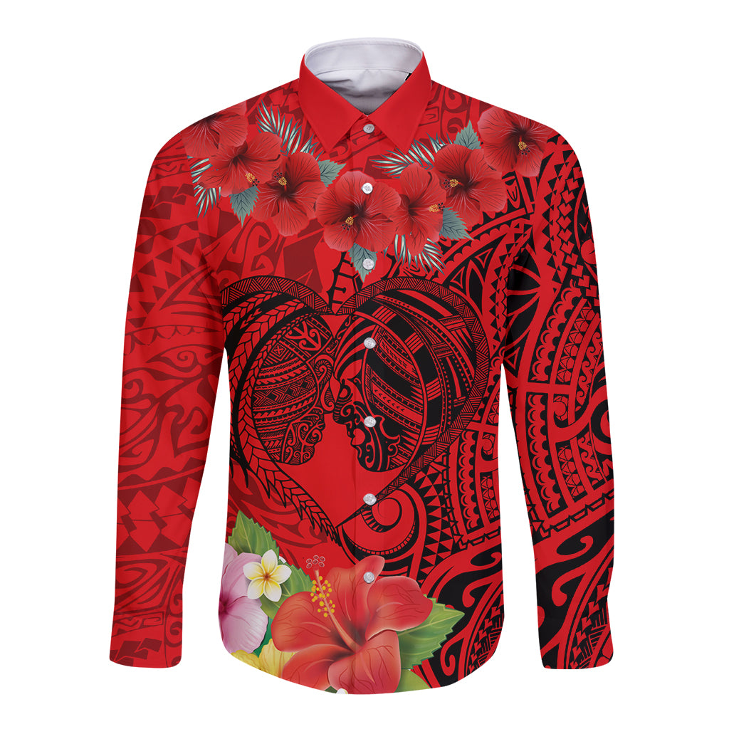 Personalised Hawaii Valentine Day Long Sleeve Button Shirt Couple Love Heart mix Hibiscus and Polynesian Tattoo LT03 Unisex Red - Polynesian Pride