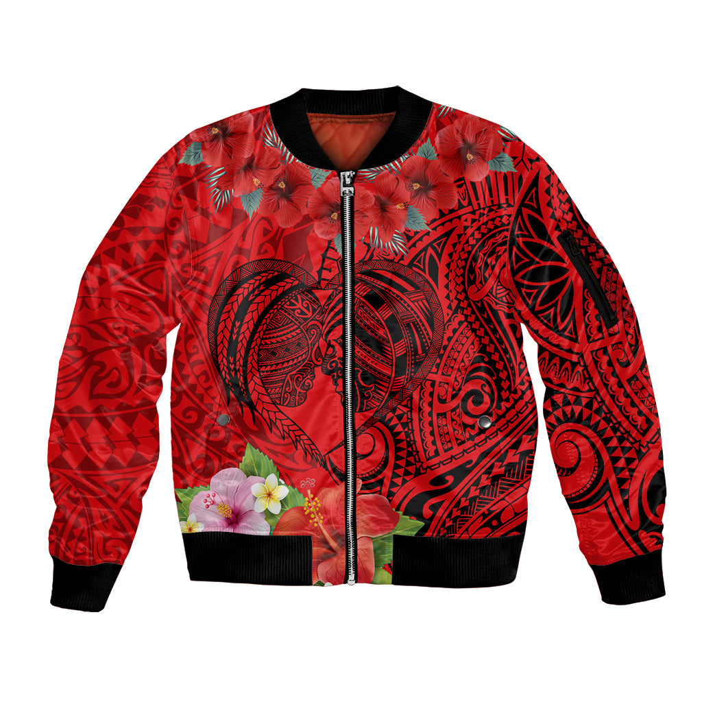 Personalised Hawaii Valentine Day Sleeve Zip Bomber Jacket Couple Love Heart mix Hibiscus and Polynesian Tattoo LT03 Unisex Red - Polynesian Pride