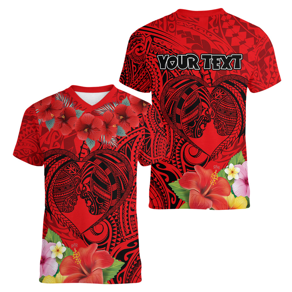 Personalised Hawaii Valentine Day Women V Neck T Shirt Couple Love Heart mix Hibiscus and Polynesian Tattoo LT03 - Polynesian Pride