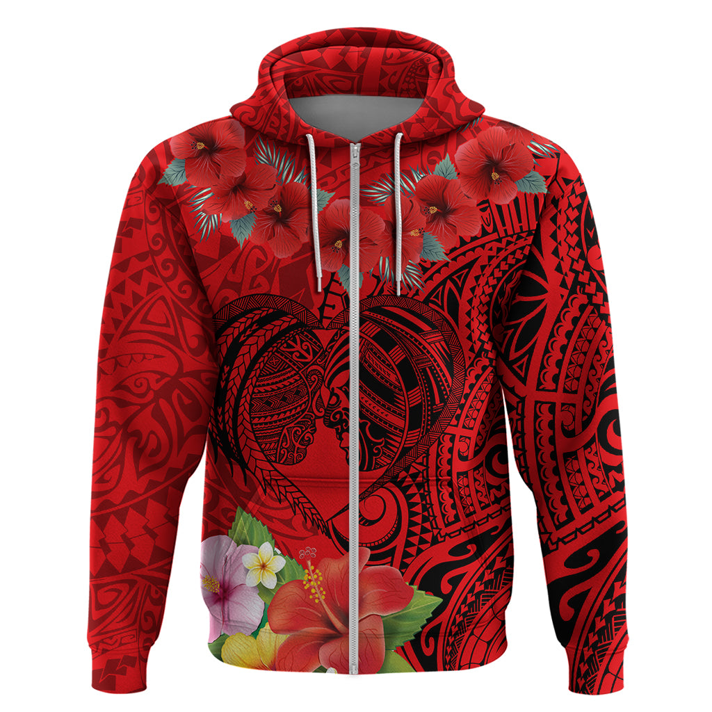 Personalised Hawaii Valentine Day Zip Hoodie Couple Love Heart mix Hibiscus and Polynesian Tattoo LT03 Zip Hoodie Red - Polynesian Pride