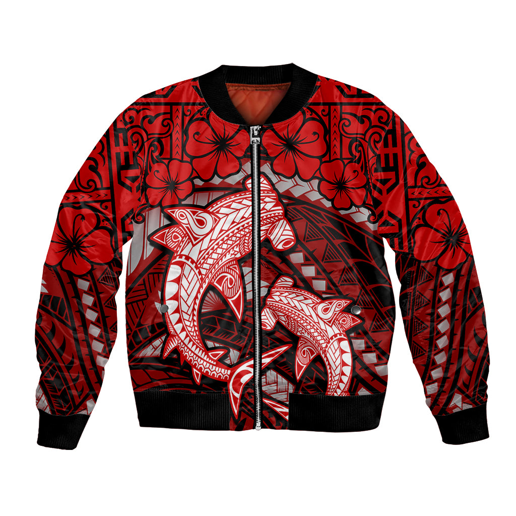 Polynesian Shark Valentine Day Bomber Jacket Hibiscus and Tribal Tattoo Red Style LT03 Unisex Red - Polynesian Pride