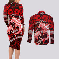 Polynesian Shark Valentine Day Couples Matching Long Sleeve Bodycon Dress and Long Sleeve Button Shirt Hibiscus and Tribal Tattoo Red Style LT03 - Polynesian Pride