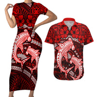 Polynesian Shark Valentine Day Couples Matching Short Sleeve Bodycon Dress and Hawaiian Shirt Hibiscus and Tribal Tattoo Red Style LT03 Red - Polynesian Pride