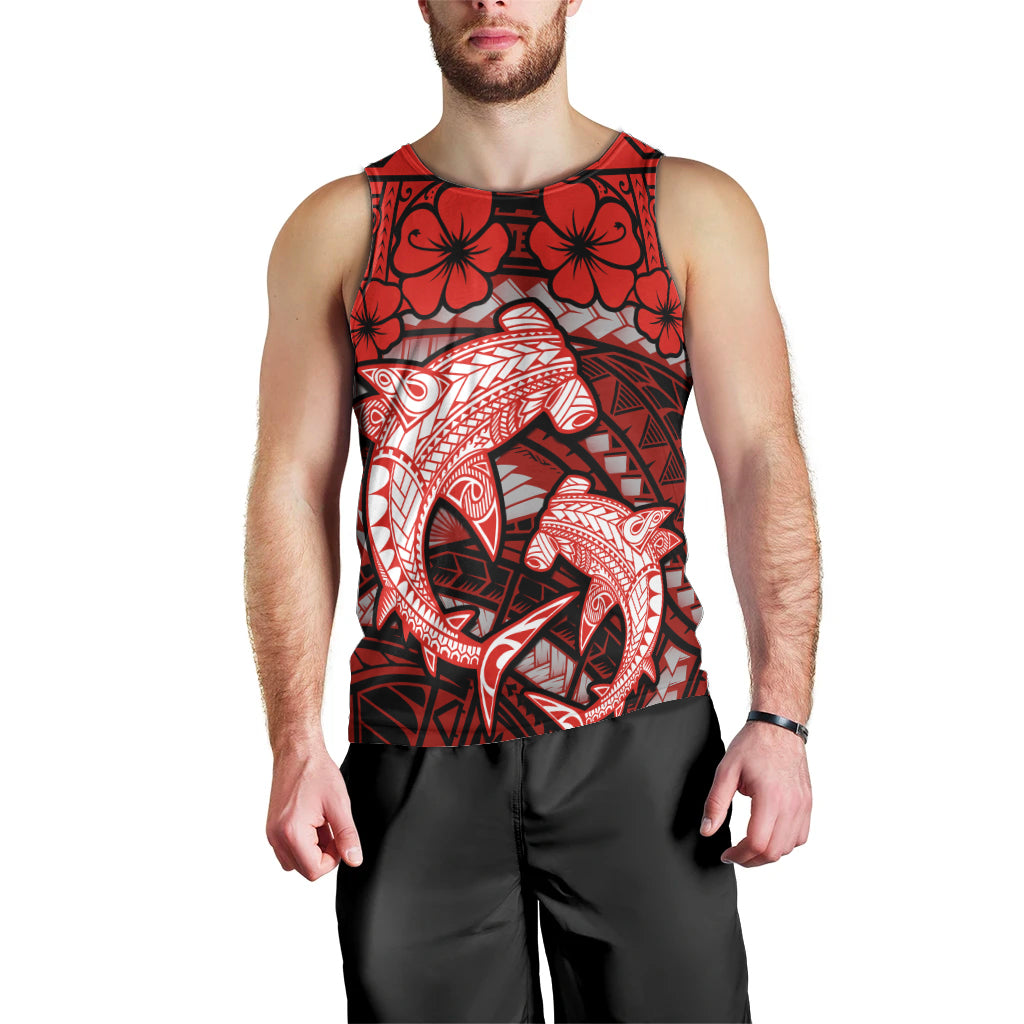 Polynesian Shark Valentine Day Men Tank Top Hibiscus and Tribal Tattoo Red Style LT03 - Polynesian Pride