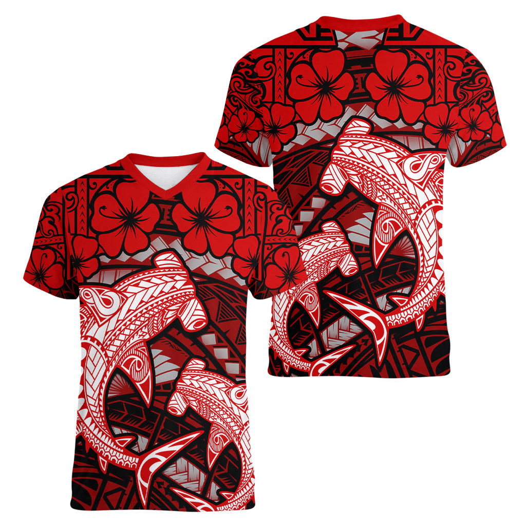 Polynesian Shark Valentine Day Women V Neck T Shirt Hibiscus and Tribal Tattoo Red Style LT03 - Polynesian Pride
