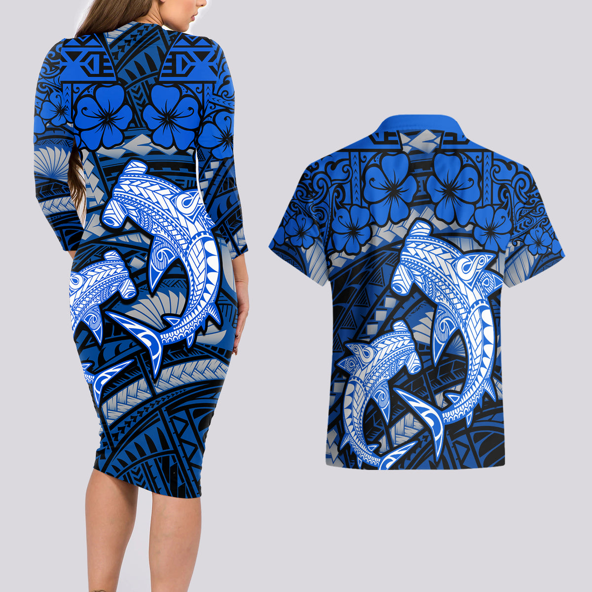 Polynesian Shark Valentine Day Couples Matching Long Sleeve Bodycon Dress and Hawaiian Shirt Hibiscus and Tribal Tattoo Blue Style LT03 - Polynesian Pride