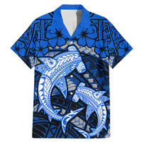 Polynesian Shark Valentine Day Family Matching Mermaid Dress and Hawaiian Shirt Hibiscus and Tribal Tattoo Blue Style LT03 Dad's Shirt - Short Sleeve Blue - Polynesian Pride