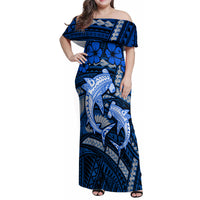 Polynesian Shark Valentine Day Family Matching Off Shoulder Maxi Dress and Hawaiian Shirt Hibiscus and Tribal Tattoo Blue Style LT03 Mom's Dress Blue - Polynesian Pride