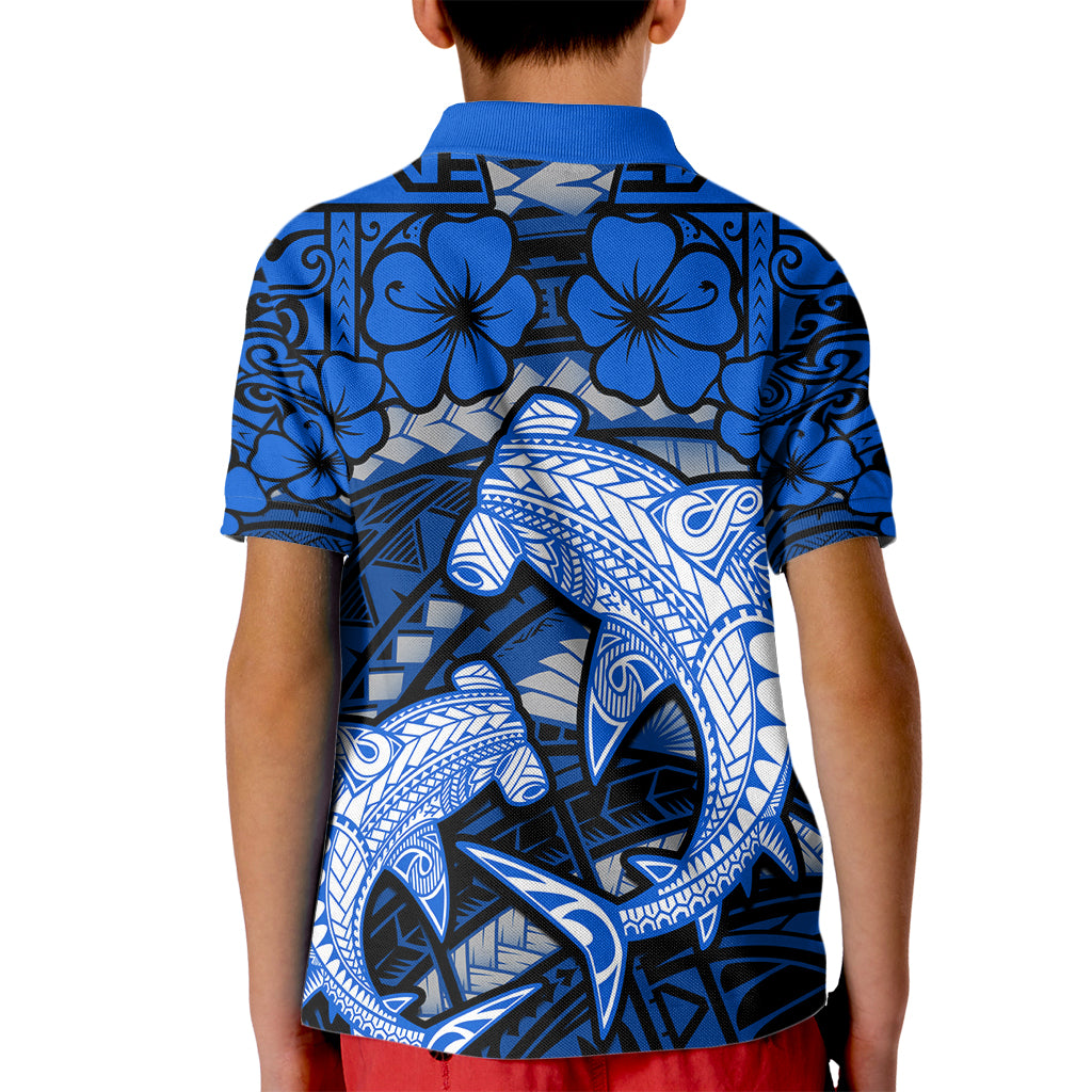 Polynesian Shark Valentine Day Kid Polo Shirt Hibiscus and Tribal Tattoo Blue Style LT03 - Polynesian Pride