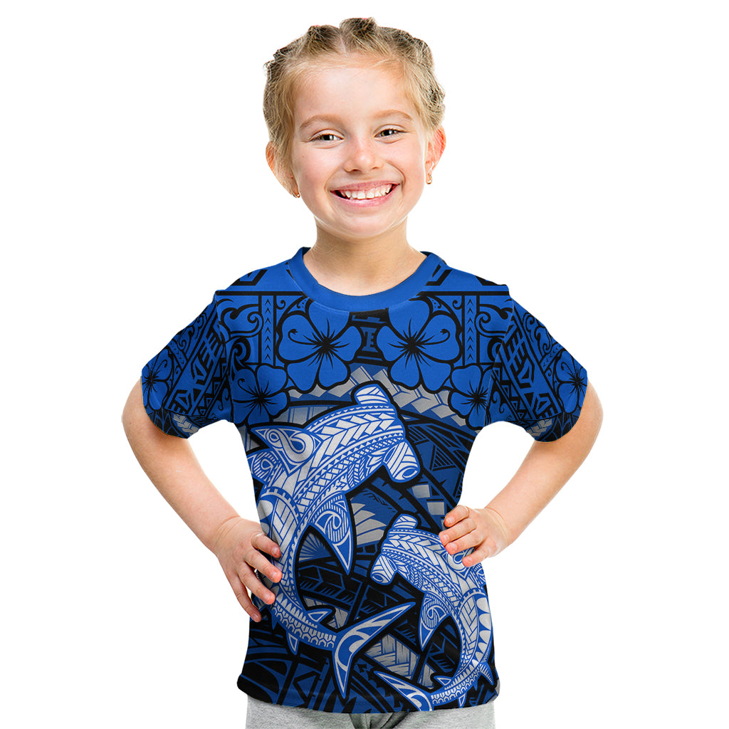 Polynesian Shark Valentine Day Kid T Shirt Hibiscus and Tribal Tattoo Blue Style LT03 Blue - Polynesian Pride