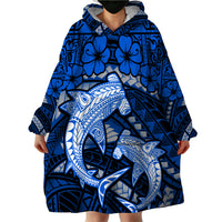 Polynesian Shark Valentine Day Wearable Blanket Hoodie Hibiscus and Tribal Tattoo Blue Style LT03 - Polynesian Pride
