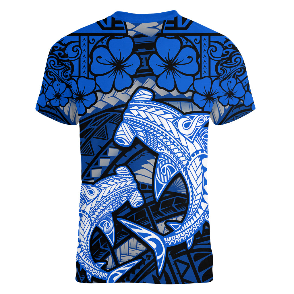 Polynesian Shark Valentine Day Women V Neck T Shirt Hibiscus and Tribal Tattoo Blue Style LT03 - Polynesian Pride