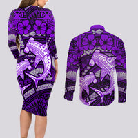 Polynesian Shark Valentine Day Couples Matching Long Sleeve Bodycon Dress and Long Sleeve Button Shirt Hibiscus and Tribal Tattoo Purple Style LT03 - Polynesian Pride