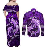 Polynesian Shark Valentine Day Couples Matching Off Shoulder Maxi Dress and Long Sleeve Button Shirt Hibiscus and Tribal Tattoo Purple Style LT03 - Polynesian Pride