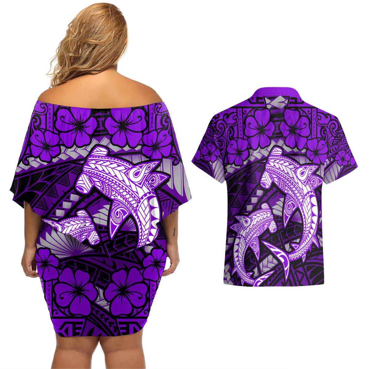 Polynesian Shark Valentine Day Couples Matching Off Shoulder Short Dress and Hawaiian Shirt Hibiscus and Tribal Tattoo Purple Style LT03 - Polynesian Pride