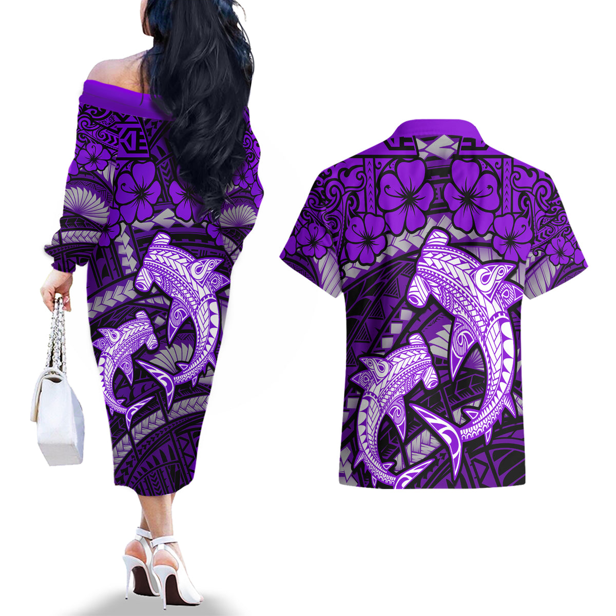 Polynesian Shark Valentine Day Couples Matching Off The Shoulder Long Sleeve Dress and Hawaiian Shirt Hibiscus and Tribal Tattoo Purple Style LT03 - Polynesian Pride