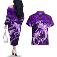 Polynesian Shark Valentine Day Couples Matching Off The Shoulder Long Sleeve Dress and Hawaiian Shirt Hibiscus and Tribal Tattoo Purple Style LT03 - Polynesian Pride
