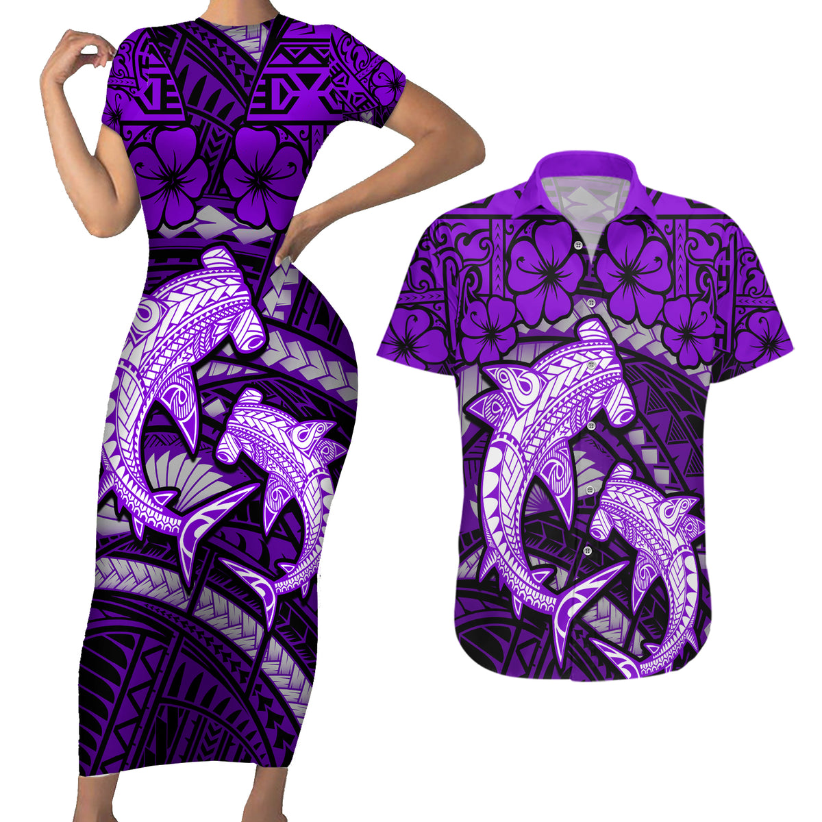 Polynesian Shark Valentine Day Couples Matching Short Sleeve Bodycon Dress and Hawaiian Shirt Hibiscus and Tribal Tattoo Purple Style LT03 Purple - Polynesian Pride
