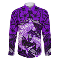 Polynesian Shark Valentine Day Family Matching Mermaid Dress and Hawaiian Shirt Hibiscus and Tribal Tattoo Purple Style LT03 Dad's Shirt - Long Sleeve Purple - Polynesian Pride