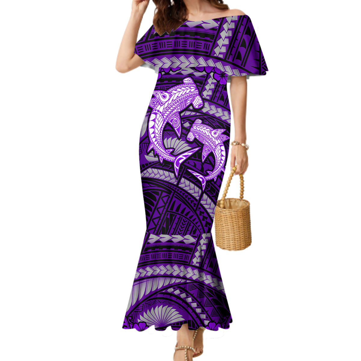 Polynesian Shark Valentine Day Family Matching Mermaid Dress and Hawaiian Shirt Hibiscus and Tribal Tattoo Purple Style LT03 Mom's Dress Purple - Polynesian Pride