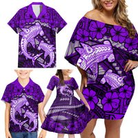Polynesian Shark Valentine Day Family Matching Off Shoulder Short Dress and Hawaiian Shirt Hibiscus and Tribal Tattoo Purple Style LT03 - Polynesian Pride