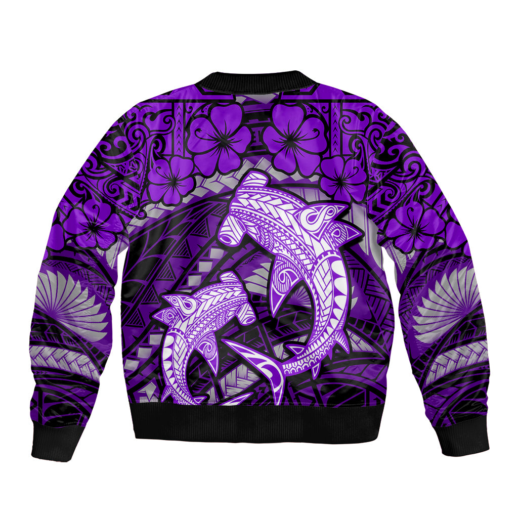 Polynesian Shark Valentine Day Sleeve Zip Bomber Jacket Hibiscus and Tribal Tattoo Purple Style LT03 - Polynesian Pride