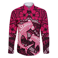 Polynesian Shark Valentine Day Family Matching Off Shoulder Long Sleeve Dress and Hawaiian Shirt Hibiscus and Tribal Tattoo Pink Style LT03 Dad's Shirt - Long Sleeve Pink - Polynesian Pride