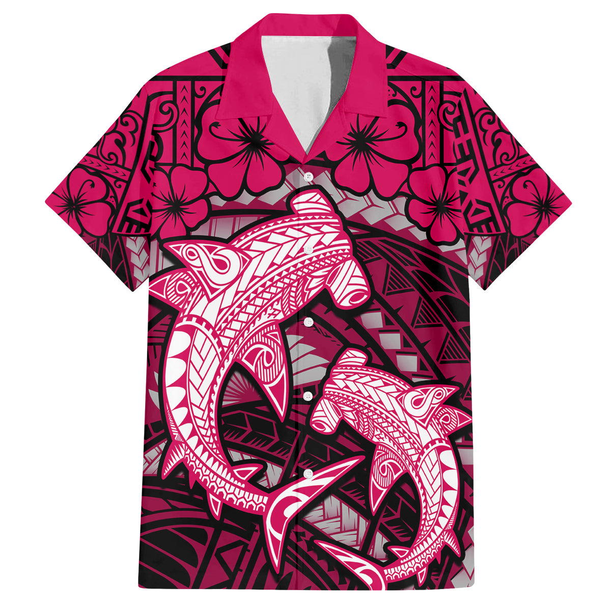 Polynesian Shark Valentine Day Family Matching Tank Maxi Dress and Hawaiian Shirt Hibiscus and Tribal Tattoo Pink Style LT03 Dad's Shirt - Short Sleeve Pink - Polynesian Pride