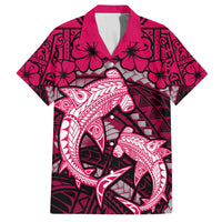 Polynesian Shark Valentine Day Family Matching Tank Maxi Dress and Hawaiian Shirt Hibiscus and Tribal Tattoo Pink Style LT03 Dad's Shirt - Short Sleeve Pink - Polynesian Pride